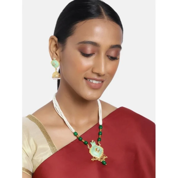 Women's Rose Gold Plated Alloy Necklace & Earings Set (Green) - Image 2