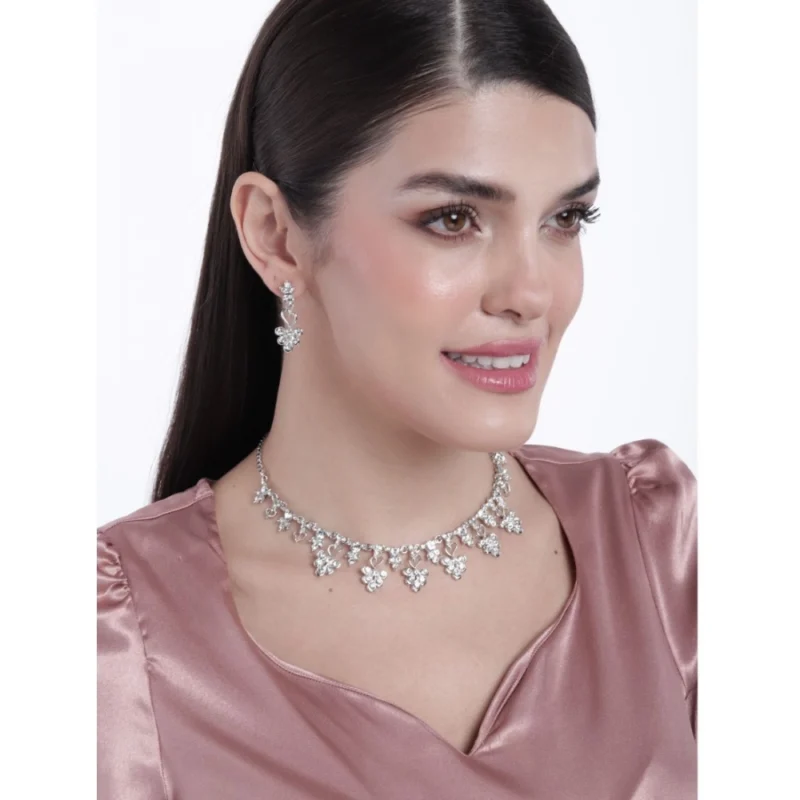 Alternative view of Women's Rose Gold Plated Brass Necklace & Earings Set (Silver)