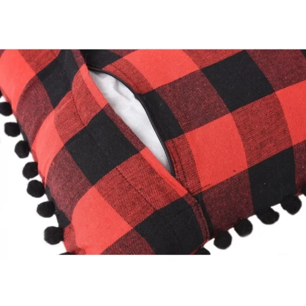 Pack Of_2 Cotton Checkered Cushion Cover With Pom Pom (Red & Black, Size:?12x20 In) - Image 2