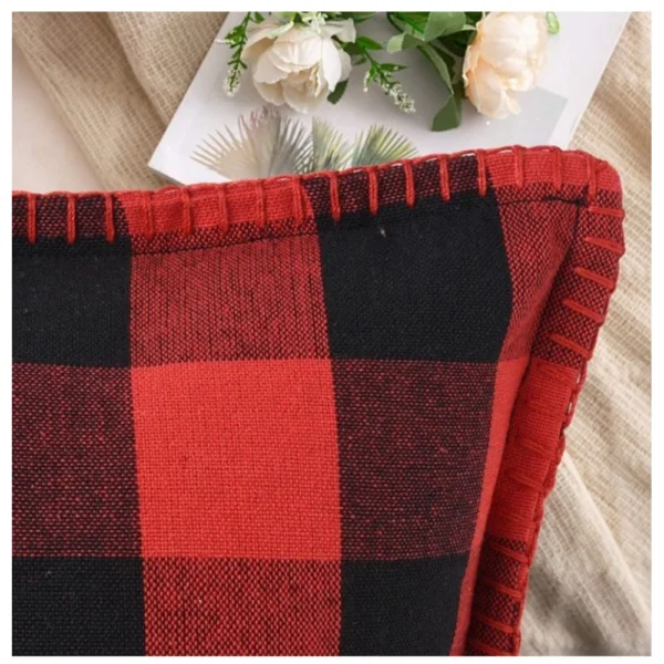 Pack Of_2 Cotton Checkered Cushion Cover With Blanket Stitch (Red & Black, Size:?12x20 In) - Image 2