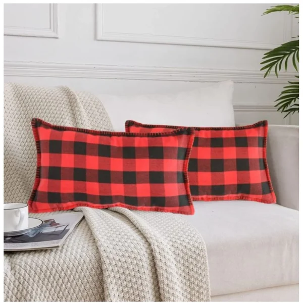 Pack Of_2 Cotton Checkered Cushion Cover With Blanket Stitch (Red & Black, Size:?12x20 In)