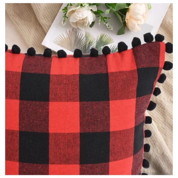 Pack Of_2 Cotton Checkered Cushion Cover With Pom Pom (Red & Black, Size:?12x20 In) - Image 3