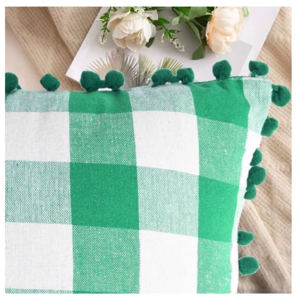 Pack Of_2 Cotton Checkered Cushion Cover With Pom Pom (Green, Size:?12x20 In) - Image 4