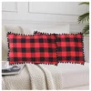 Pack Of_2 Cotton Checkered Cushion Cover With Pom Pom (Red & Black, Size:?12x20 In)