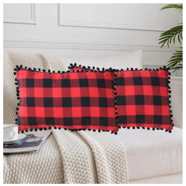 Pack Of_2 Cotton Checkered Cushion Cover With Pom Pom (Red & Black, Size:?12x20 In)