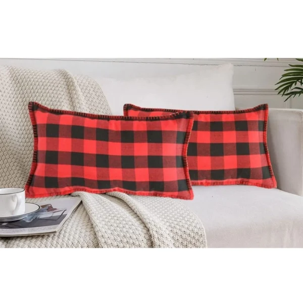Pack Of_2 Cotton Checkered Cushion Cover With Blanket Stitch (Red & Black, Size:?12x20 In) - Image 4