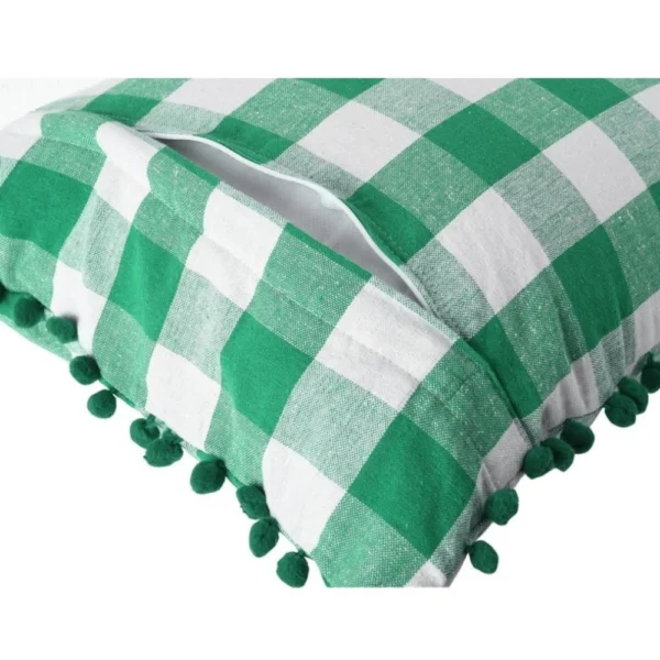 Pack Of_2 Cotton Checkered Cushion Cover With Pom Pom (Green, Size:?12x20 In) - Image 2
