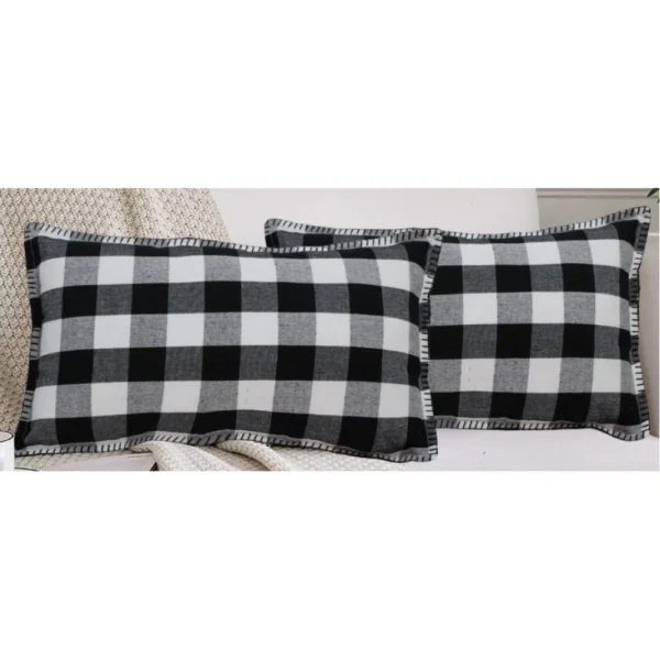 Pack Of_2 Cotton Checkered Cushion Cover With Blanket Stitch (Black, Size:?12x20 In) - Image 4