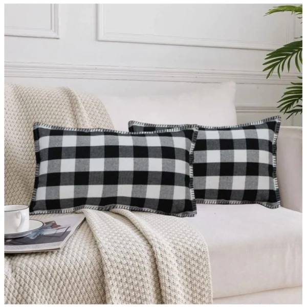 Pack Of_2 Cotton Checkered Cushion Cover With Blanket Stitch (Black, Size:?12x20 In)
