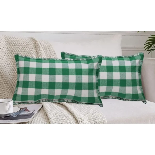 Pack Of_2 Cotton Checkered Cushion Cover With Blanket Stitch (Green, Size:?12x20 In) - Image 4