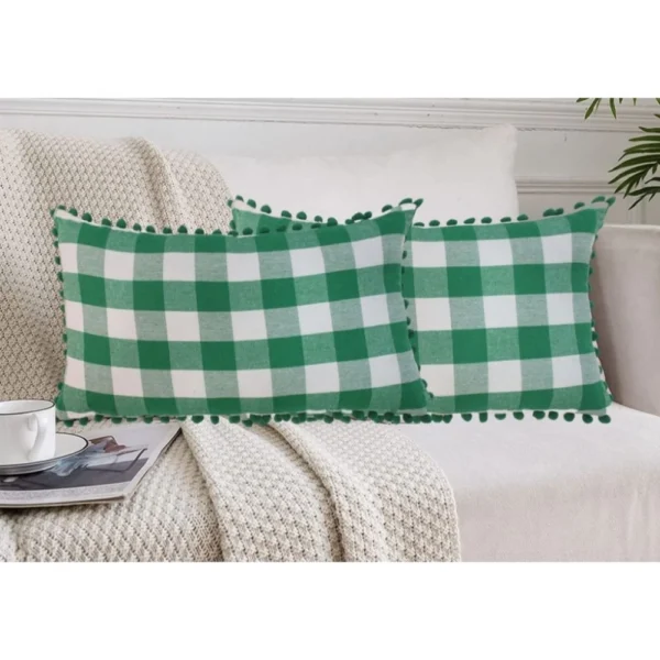 Pack Of_2 Cotton Checkered Cushion Cover With Pom Pom (Green, Size:?12x20 In)