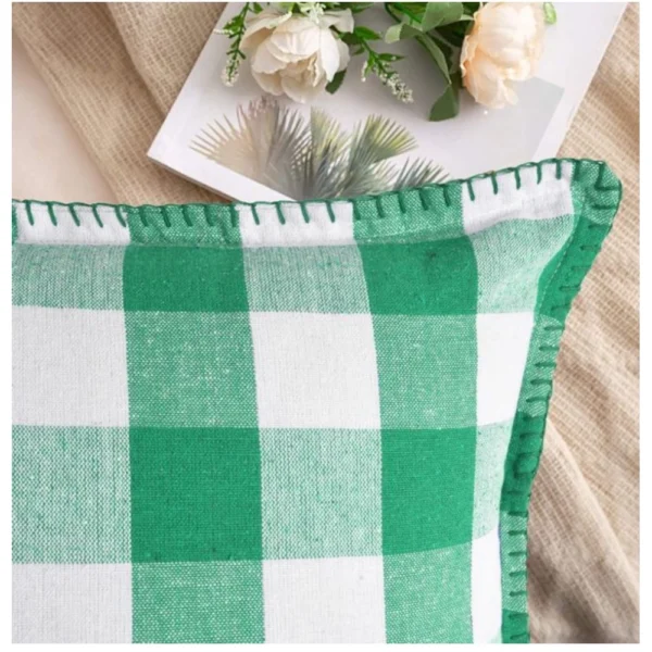 Pack Of_2 Cotton Checkered Cushion Cover With Blanket Stitch (Green, Size:?12x20 In) - Image 3