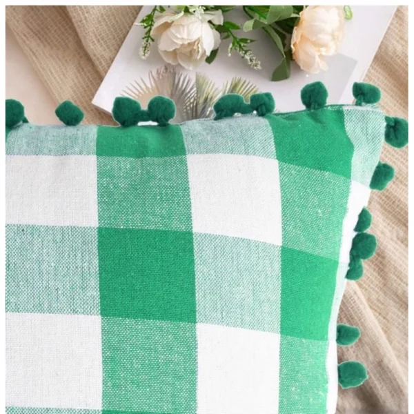 Pack Of_2 Cotton Checkered Cushion Cover With Pom Pom (Green, Size:?12x20 In) - Image 3