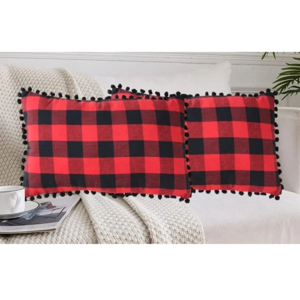 Pack Of_2 Cotton Checkered Cushion Cover With Pom Pom (Red & Black, Size:?12x20 In) - Image 4
