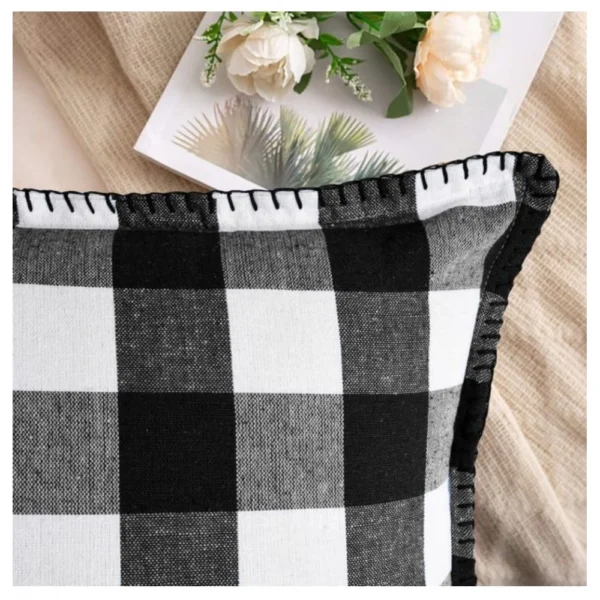 Pack Of_2 Cotton Checkered Cushion Cover With Blanket Stitch (Black, Size:?12x20 In) - Image 3