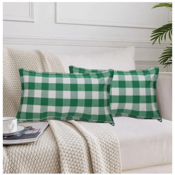 Pack Of_2 Cotton Checkered Cushion Cover With Blanket Stitch (Green, Size:?12x20 In)