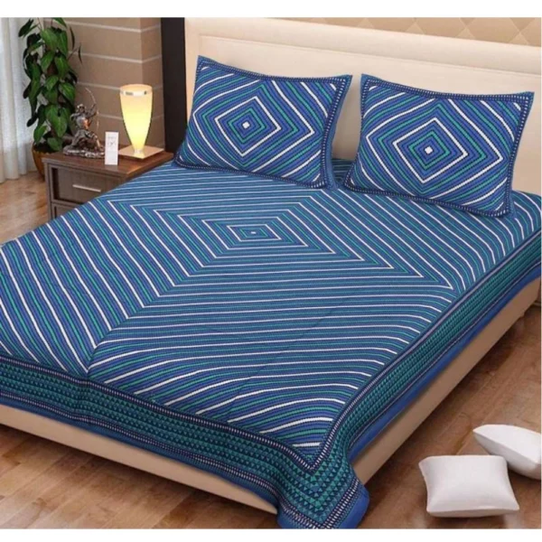 Cotton Printed Queen Size Bedsheet With 2 Pillow Covers (Blue, 90x100 Inch)
