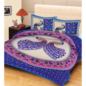 Cotton Printed Queen Size Bedsheet With 2 Pillow Covers (Blue, 90x100 Inch)