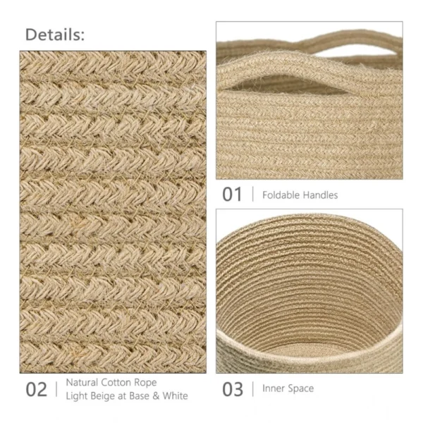 Cotton Large Woven Storage Basket 11x11 Inch Pack of 1 (Beige) - Image 3