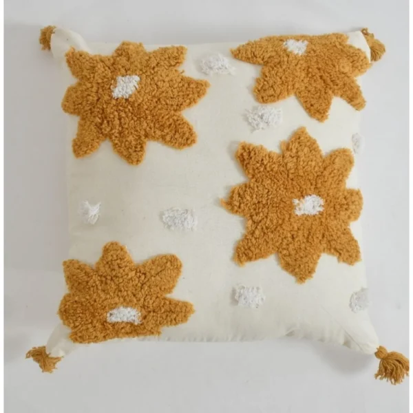 Cotton Flower Tufted Cushion Pillow Cover 16x16 Inch Pack of 2 (Yellow) - Image 3