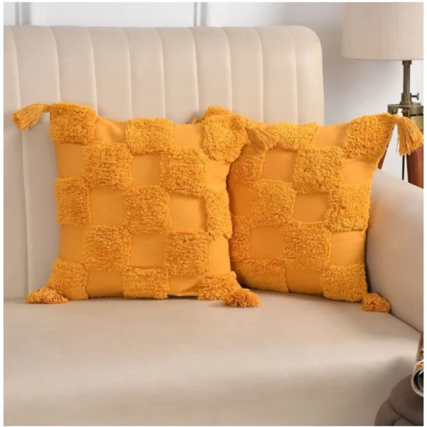 Cotton Tufted Cushion Pillow Cover 16x16 Inch Pack of 2 (Yellow)
