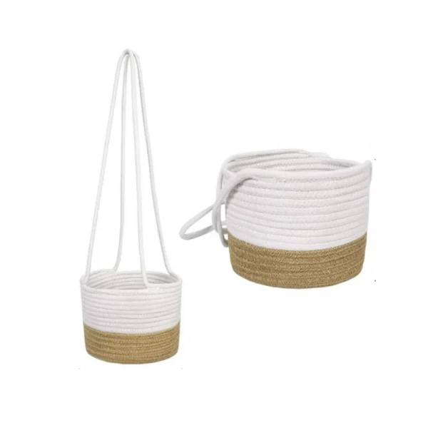 Cotton Hanging Planter Flower Basket Pack of 1 (Beige White) - Image 4