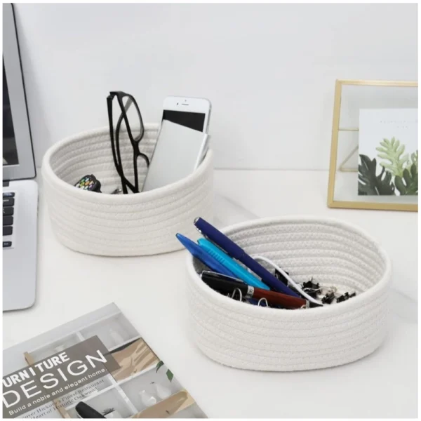Cotton Storage Rope Woven Baskets Pack of 2 (White) - Image 4