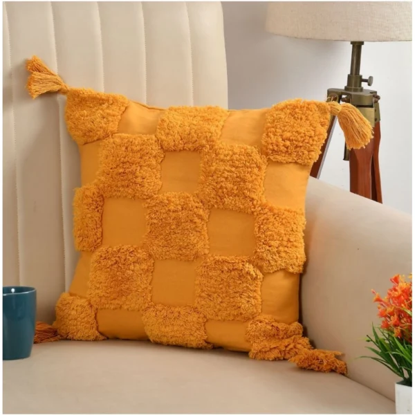 Cotton Tufted Cushion Pillow Cover 16x16 Inch Pack of 2 (Yellow) - Image 4