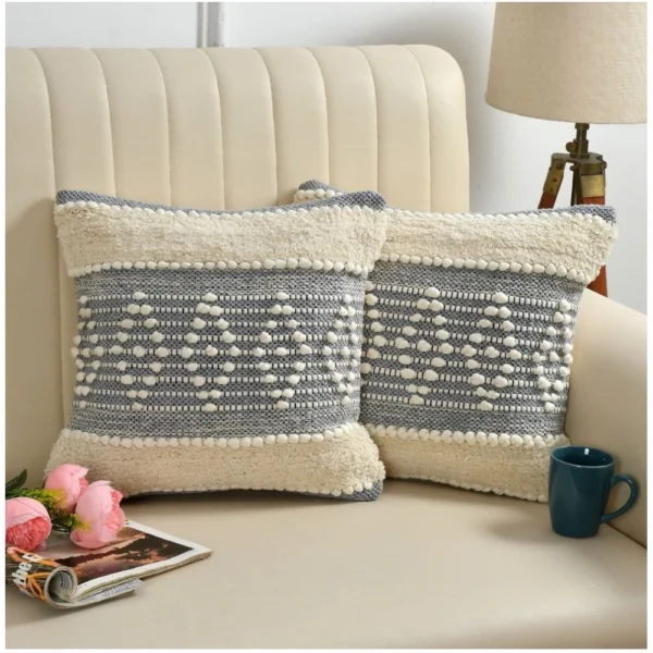 Cotton Diamond Handcrafted Pit Loom Cushion Cover 16x16 Inch Pack of 2 (Grey Cream)