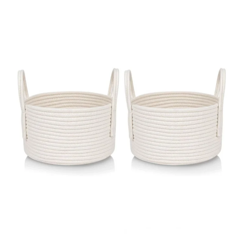 Cotton Round Storage Rope Woven Baskets Pack of 2 (White)