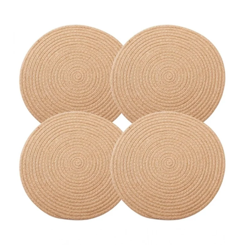 Cotton Dining Table Round Placemat Mats Set of 4 (Beige)