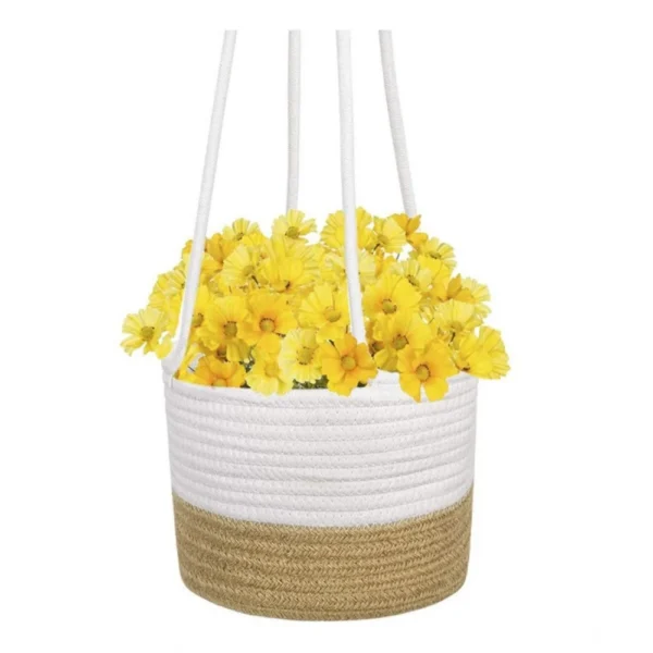 Cotton Hanging Planter Flower Basket Pack of 1 (Beige White) - Image 2