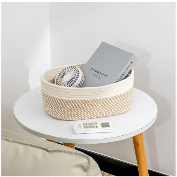 Cotton Oval Storage Rope Woven Baskets Pack of 1 (Beige White) - Image 2