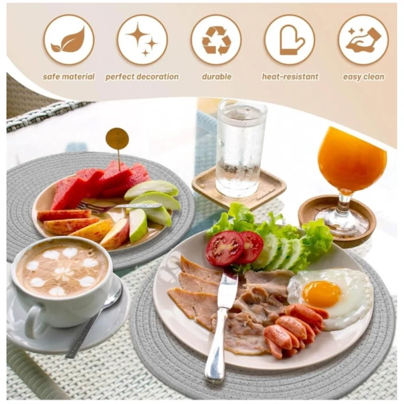 Alternative view of Cotton Dining Table Round Placemat Mats Set of 4 (Grey)