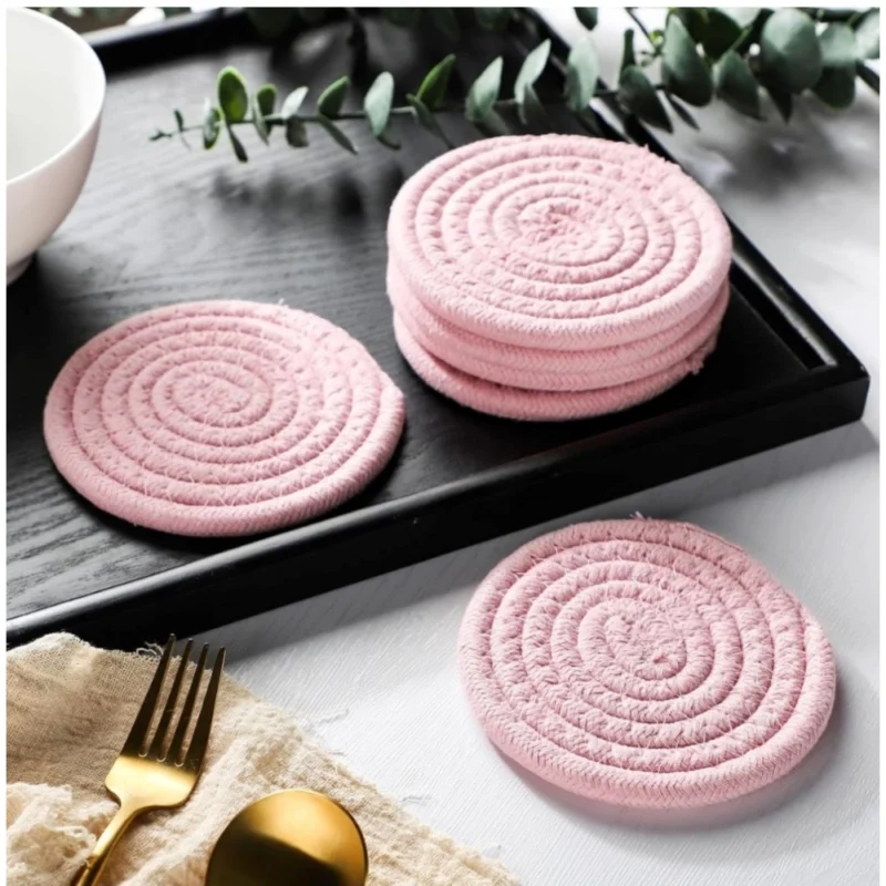Alternative view of Cotton Rope Drink Coasters 6 Pcs Set (Pink)