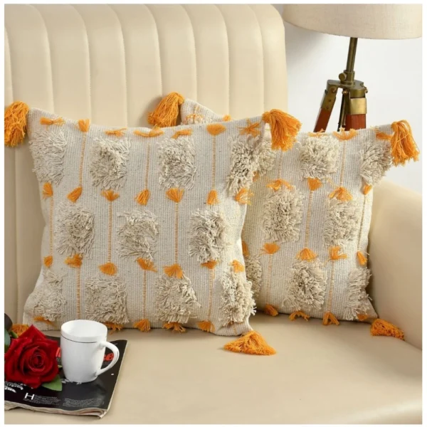 Cotton Handcrafted Pit Loom Cushion Cover 16x16 Inch Pack of 2 (Yellow)