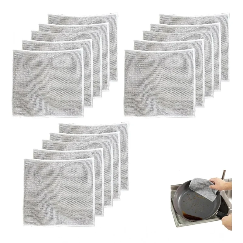 12Pcs Cotton Dishwashing Rag Wire Soft Scrubs (Silver)