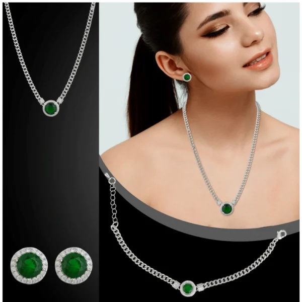 Women's Stainless Steel Green Color Silver Chain Western Combo Jewelry (Silver Plated) - Image 2