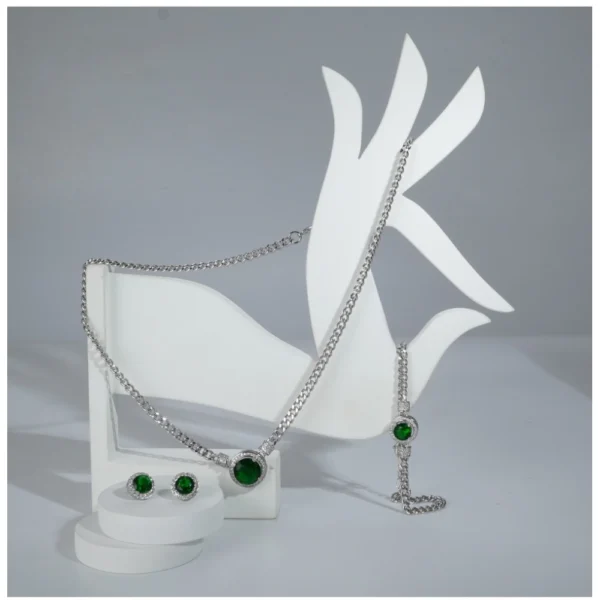Women's Stainless Steel Green Color Silver Chain Western Combo Jewelry (Silver Plated) - Image 3