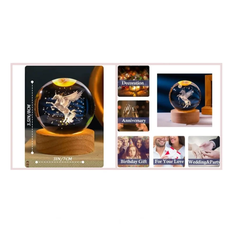 Wood 3D Unicorn Crystal Ball Lamp (Transparent) - Image 3