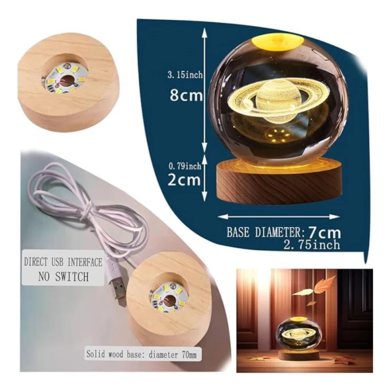 Alternative view of Wood 3D Saturn Crystal Ball Lamp Lamp with USB Powered (Transparent)