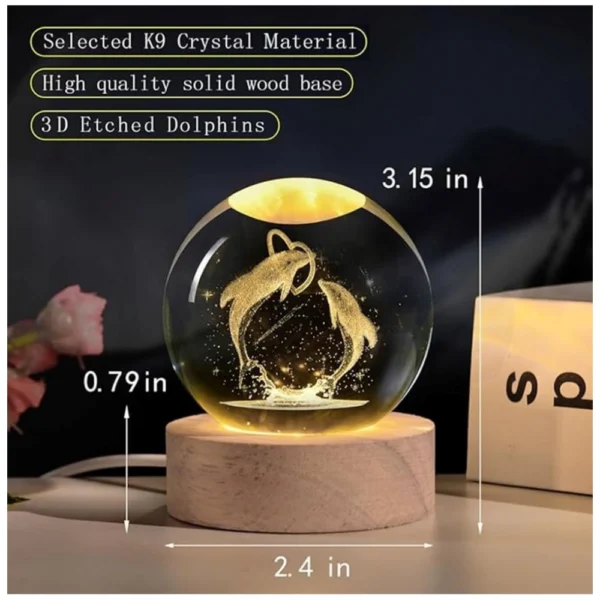 Wood 3D Dolphin Crystal Ball Night Light Dolphin Love (Transparent) - Image 2