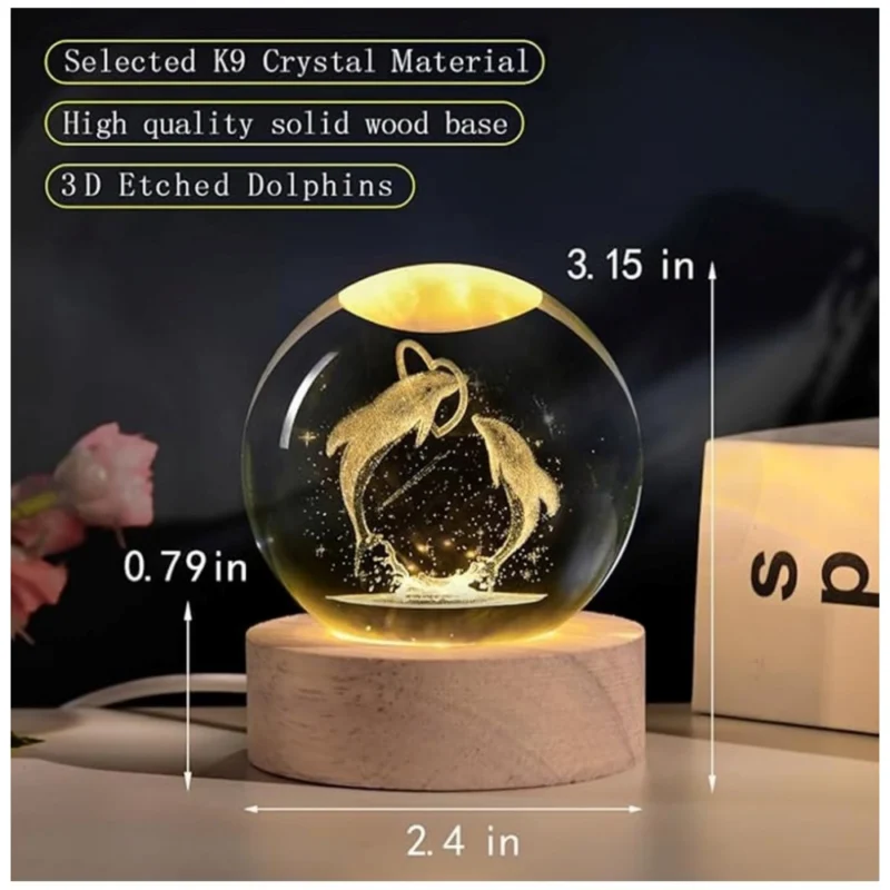 Wood 3D Dolphin Crystal Ball Night Light Dolphin Love (Transparent) - Image 3