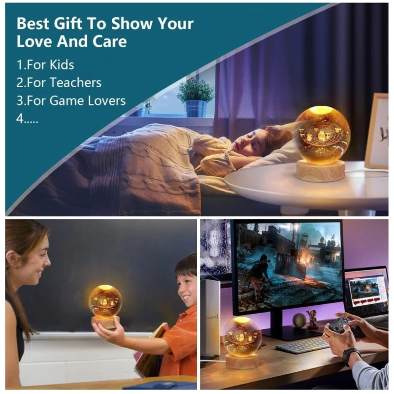Wood 3D Galaxy Crystal Ball Night Lamp Colorful LED Wooden for Solar System (Transparent) - Image 3