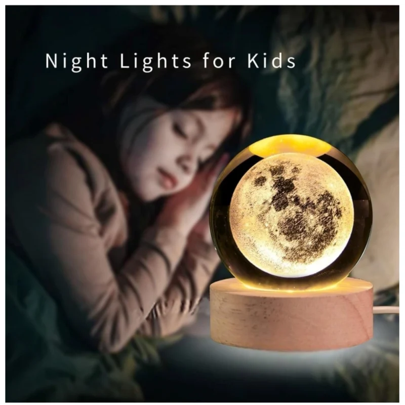 Alternative view of Wood 3D Moon Crystal Ball Night Lamp Colorful LED Wooden for Moon (Transparent)