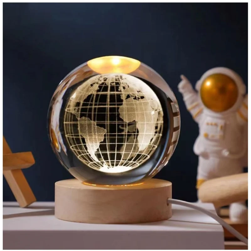 Wood 3D Galaxy Crystal Ball Night Lamp Colorful LED Wooden for Earth (Transparent)