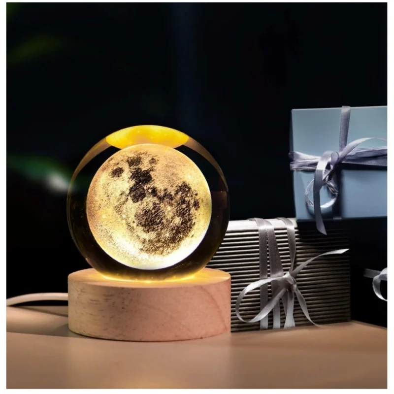 Wood 3D Moon Crystal Ball Night Lamp Colorful LED Wooden for Moon (Transparent) - Image 3