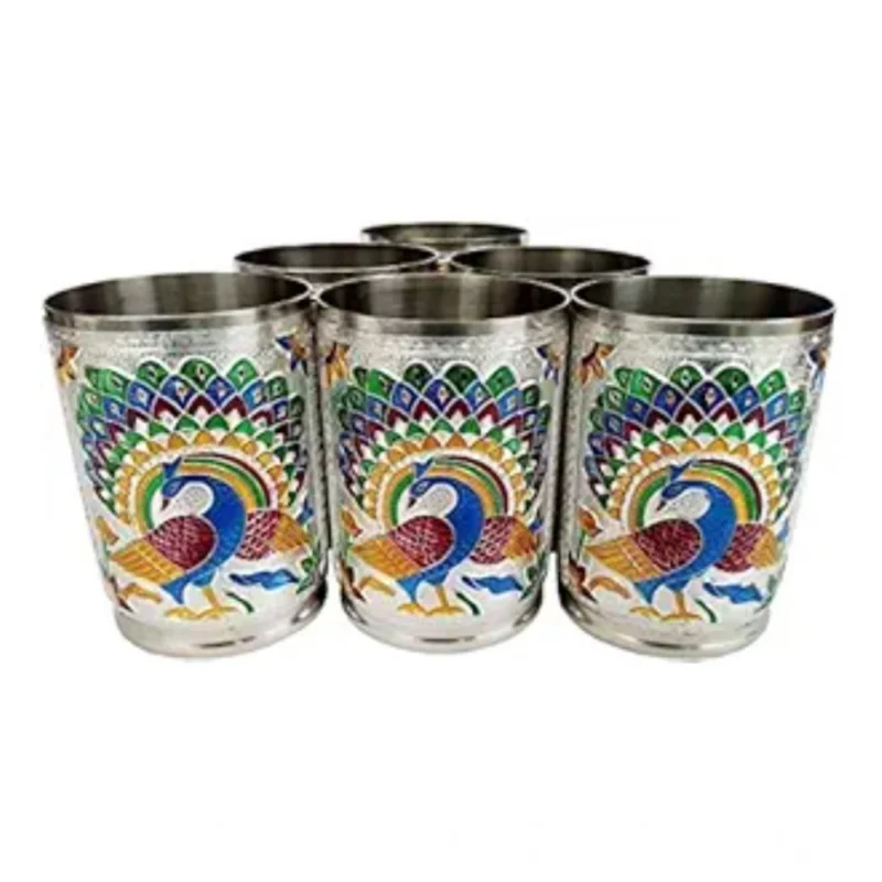 Alternative view of Steel Meenakari Peacock Design Decorative Glass Set (Silver)
