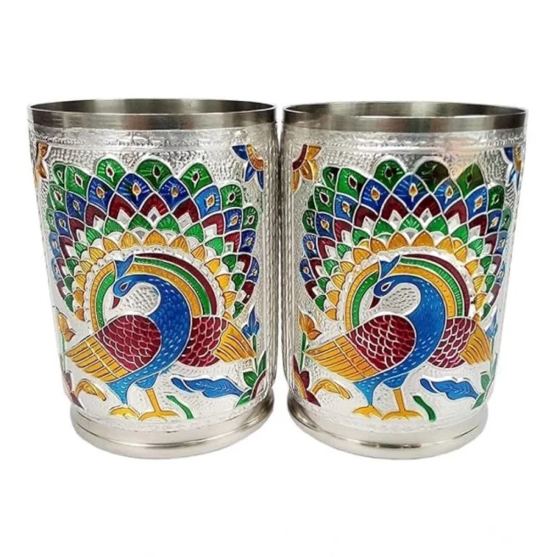 Steel Meenakari Peacock Design Decorative Glass Set (Silver) - Image 4