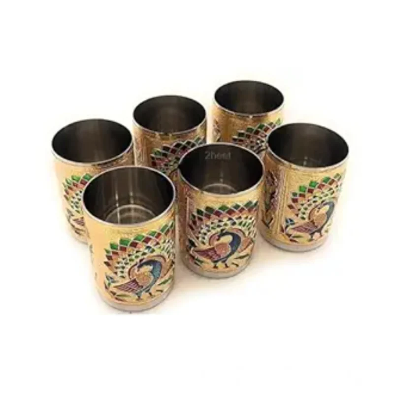 Alternative view of Steel Meenakari Peacock Design Decorative Glass Set (Gold)